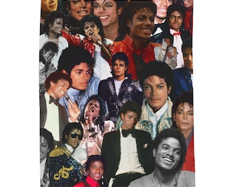May include: A white blanket featuring a collage of images of Michael Jackson. The images show him in various poses, wearing different outfits, and smiling. The blanket is rectangular and appears to be made of a soft material.