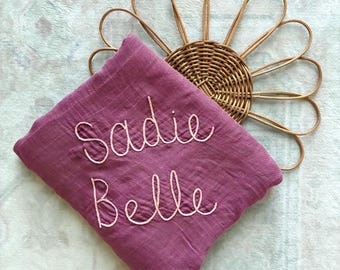 Hand Embroidered Personalized Muslin Baby Swaddle