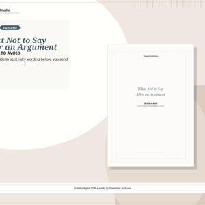 Könnte beinhalten: Ein digitales PDF-Dokument mit dem Titel "What Not to Say After an Argument" mit dem Text "20 TEXTE ZU VERMEIDEN". Das Dokument wird auf einem hellbeige Hintergrund mit dem Text "Eine Kurzanleitung, um riskante Formulierungen zu erkennen, bevor Sie senden."