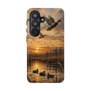 Sunset Duck Hunt Phone Case | Flying Mallards, Wetlands Scene