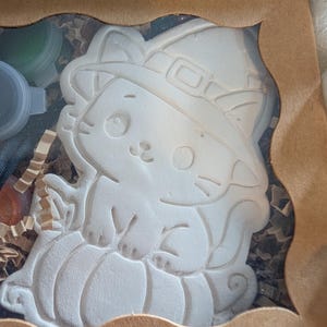 May include: A white ceramic cat figurine wearing a witch hat and sitting on a pumpkin, packaged in a brown cardboard box with a window. The box includes small paint pots and shredded paper filler, with a label reading paint your own.