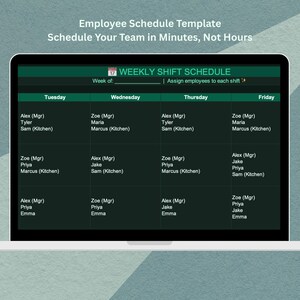 May include: A laptop screen displays a weekly shift schedule template. The green and white table is labeled "Weekly Shift Schedule" and includes employee names and job titles for each day of the week. The text at the top says "Employee Schedule Template".