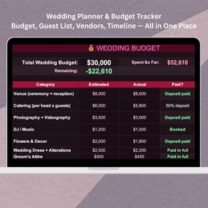 May include: A laptop screen displays a wedding budget tracker. The screen shows a table with categories like venue, catering, and photography, along with estimated and actual costs. The total budget is $30,000.