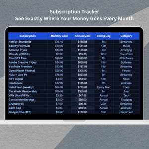 May include: A laptop screen displays a subscription tracker with a blue and white table. The text at the top reads "Subscription Tracker" and "See Exactly Where Your Money Goes Every Month."