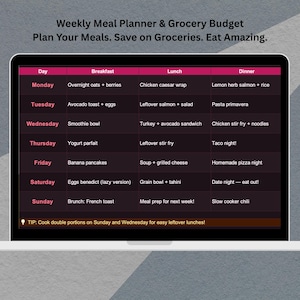 May include: A laptop screen displaying a weekly meal planner. The planner has a dark background with a pink header and white text, listing breakfast, lunch, and dinner ideas for each day. The text "Weekly Meal Planner & Grocery Budget" is at the top of the screen.