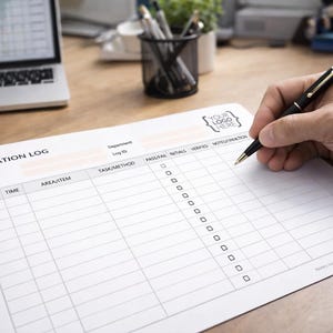Puede incluir: Un formulario de registro de saneamiento en papel blanco con líneas de cuadrícula negras y texto que incluye "SANITATION LOG," "Facility," "Week Of," "Department," "Log ID," "Date," "Time," "Area/Item," "Task/Method," "Pass/Fail," "Initials," "Verified," y "Notes/Creation."