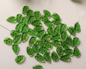 40pcs Green Glass Leaf Beads, Charms Pendants for DIY Bracelet, Earrings, and Jewelry Making