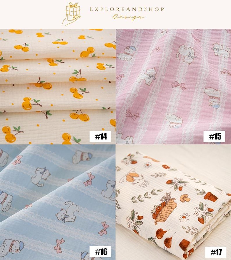 May include: A selection of four patterned fabrics. One features yellow cherries on a cream background. Another has white bears and pink bows on a pink striped background. The third has white bears and pink bows on a blue striped background. The last has a floral and basket design.