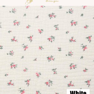 May include: White fabric with a delicate floral pattern. Small clusters of pink flowers with green leaves are scattered across the off-white background. The word "White" is displayed in a white box at the bottom.