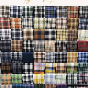 Op de afbeelding: Een verzameling gevouwen stofstalen gerangschikt in een raster, elk met een uniek ruit- of tartanpatroon in diverse kleurcombinaties waaronder rood, blauw, groen, geel, bruin, zwart, wit en grijs, met de tekst EXPLOREANDSHOP.