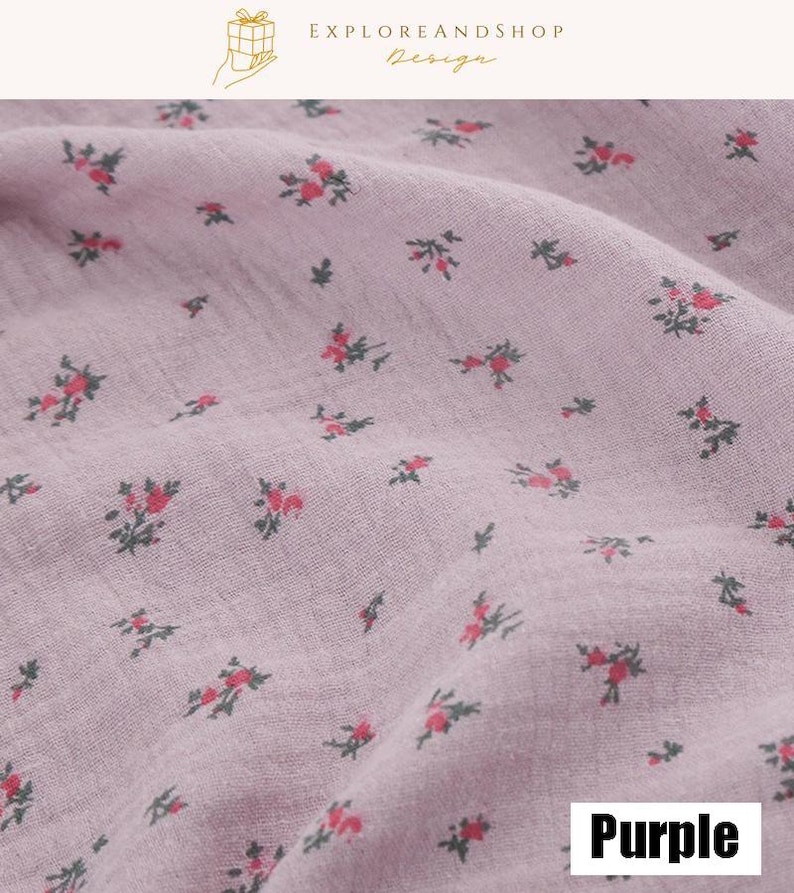 May include: Close-up of a purple fabric with a floral pattern. The fabric has a textured appearance and is covered with small, red and green floral designs. The word "Purple" is displayed in a white box in the bottom right corner.