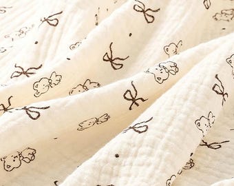 100% Cotton Double Gauze Fabric By the Yard, Bear Bowknot Muslin Crinkle Fabric, Blanket Sewing
