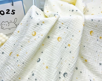 Stars Moon Double Gauze Muslin Fabric, Sky Soft Cotton Crinkle Swaddle Blanket Sewing 40s