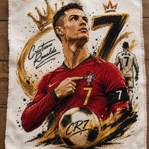 Puede incluir: Un bordado de punto de cruz sobre tela color hueso que muestra a Cristiano Ronaldo con una camiseta roja con el número 7, un balón de fútbol con el texto CR7, un número 7 grande, una corona y la firma Cristiano Ronaldo en hilo negro y dorado.