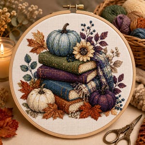 Puede incluir: Un bastidor de bordado circular de madera que contiene un diseño de punto de cruz de una pila de cuatro libros, una calabaza azul claro, una calabaza blanca, una calabaza morada oscura, un girasol y hojas de otoño sobre tela blanca.