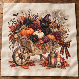 Puede incluir: Un bordado de punto de cruz sobre tela beige que muestra una carretilla de madera llena de calabazas naranjas y blancas, flores oscuras y un gato negro con un sombrero de bruja morado. Debajo hay una linterna, velas y una calavera con hojas.