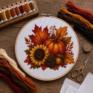 Puede incluir: Un bastidor de bordado circular de madera con un patrón de punto de cruz de una calabaza, un girasol, una piña, una bellota y hojas de otoño. El kit incluye varias madejas de hilo de bordar, una aguja y unas tijeras.