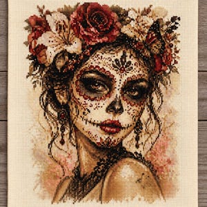 Puede incluir: Un bordado de punto de cruz sobre tela color crema que representa a una persona con maquillaje de calavera, ojos oscuros y labios rojos. La figura lleva una gran corona floral con rosas rojas intensas y lirios blancos.