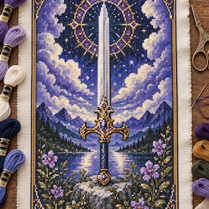 Puede incluir: Un proyecto de punto de cruz con una espada central clavada en una piedra, rodeada de un cielo nocturno, nubes, montañas y flores moradas. El diseño incluye una nota que dice: Tamaño del diseño: 131 x 218 puntadas Colores DMC: 50.