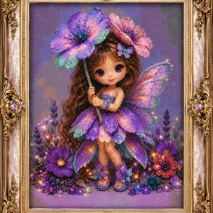 Puede incluir: Un cuadro de pintura de diamantes que muestra a un hada con cabello largo castaño, alas moradas y un vestido hecho de pétalos morados y rosas. El hada sostiene una flor morada grande, rodeada de flores pequeñas y luces en un entorno morado.