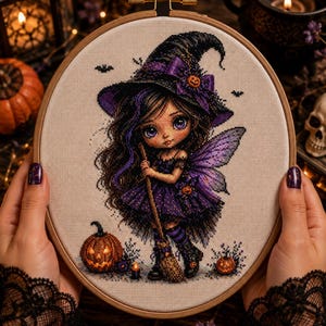 Halloween Witch Cross Stitch Pattern PDF, Cute Witch Cross Stitch, Spooky Pumpkin Embroidery, Witchy Halloween Decor, Instant Download