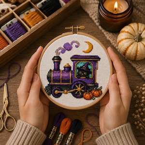 Cute Cat on an Autumn Train Cross Stitch Pattern . A Sweet Fall Design for Nursery Decor or a Baby Shower Gift . Digital Download