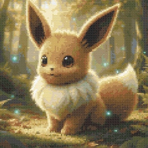 Puede incluir: Un patrón de punto de cruz que muestra un personaje Eevee marrón con grandes ojos oscuros, orejas puntiagudas y un cuello blanco esponjoso. La criatura aparece sobre un fondo de bosque con partículas de luz azul brillante y un efecto de textura.