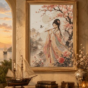 Cherry Blossom Lady Cross Stitch Pattern PDF | Oriental Woman with Flute | Japanese Garden Embroidery | Floral Counted Cross Stitch | Instan