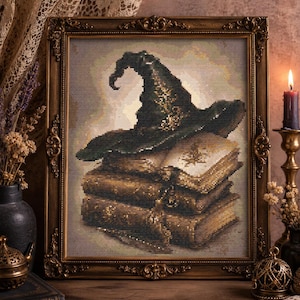 Witch Hat Cross Stitch Pattern PDF | Halloween Cross Stitch | Vintage Witch Decor | Gothic Books Sampler | Easy Halloween Embroidery | Insta