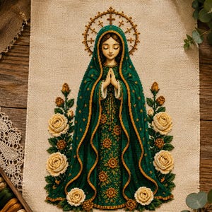 May include: A cross-stitch embroidery on beige fabric depicting a figure in a dark green cloak with gold trim, hands clasped in prayer, and a golden halo. The figure is surrounded by cream-colored roses and green leaves on both sides.