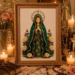 Puede incluir: Un bordado en punto de cruz enmarcado que representa a la Virgen de Guadalupe con un manto verde oscuro con ribetes dorados y estampado floral, las manos juntas en oración, rodeada por un halo dorado y rosas color crema, en un marco dorado.