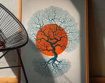 Minimalist Tree of Life Art Print | Botanical Dopamine Sun | Risograph Style MCM Wall Decor