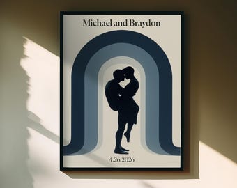 Personalized Gay Couple Art Print | Mid-Century Modern Wedding Gift