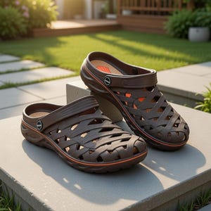 May include: A pair of brown clogs with a woven design. The clogs have an orange trim and a strap on the back. The shoes are made of a rubber-like material and are designed for comfort and casual wear.