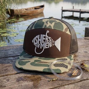 Fishers of Men Trucker Hat, Christian Fishing Hat, Camo Patch Cap, Faith Based Fisherman Gift for Men