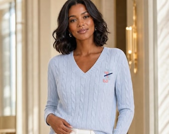 Heritage V-Neck Cable Knit Sweater | Jack and Jill of America Sweater | Light Blue Cable Knit | Mothers Apparel | S-3X