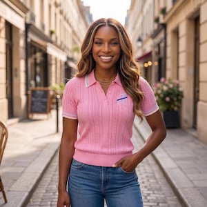May include: A short-sleeved pink polo shirt with a cable knit texture, a collar, and a button-up placket. The shirt features light blue and white striped trim on the collar and sleeve cuffs, and a small blue and white embroidered logo on the chest.
