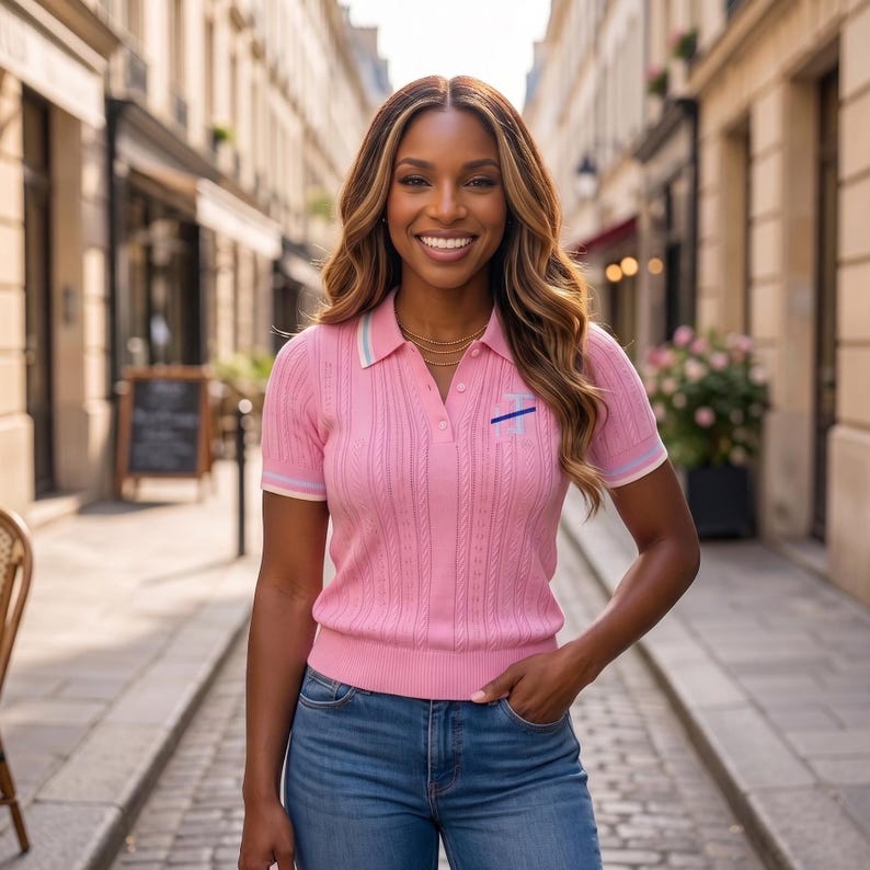 May include: A short-sleeved pink polo shirt with a cable knit texture, a collar, and a button-up placket. The shirt features light blue and white striped trim on the collar and sleeve cuffs, and a small blue and white embroidered logo on the chest.