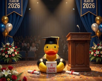 May include: A yellow rubber duck wearing a graduation cap and gown stands on a stage with a podium. The duck holds a diploma that reads "GRAD 2026". The stage is decorated with flowers, balloons, and banners that say "CONGRATULATIONS CLASS OF 2026".