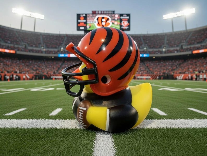 May include: A rubber duck wearing a football helmet with orange and black stripes, and a football. The duck is yellow with black accents, and is on a green football field.