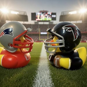May include: Two rubber duck toys, one in a Patriots helmet and the other in a Falcons helmet, face each other on a football field. The Patriots duck is red and gray, while the Falcons duck is black and yellow.