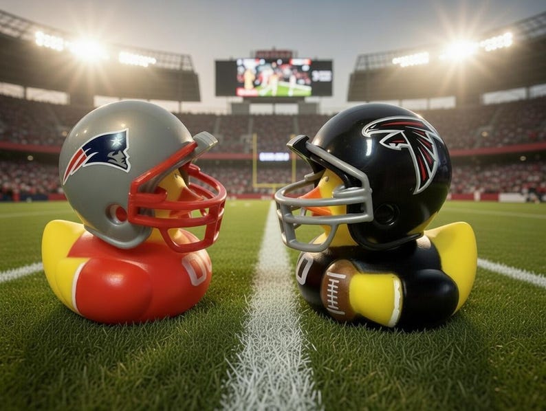 May include: Two rubber duck toys, one in a Patriots helmet and the other in a Falcons helmet, face each other on a football field. The Patriots duck is red and gray, while the Falcons duck is black and yellow.