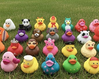 May include: A collection of colorful rubber duck toys, each uniquely designed with different outfits and accessories. The ducks are arranged on a bed of green grass, showcasing a variety of themes and characters.