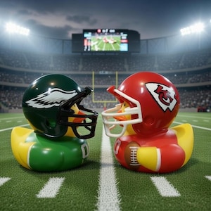 May include: Two rubber duck toys, one green and yellow with a football helmet, and the other red and yellow with a football helmet, face each other on a football field. The green helmet has a white eagle design.