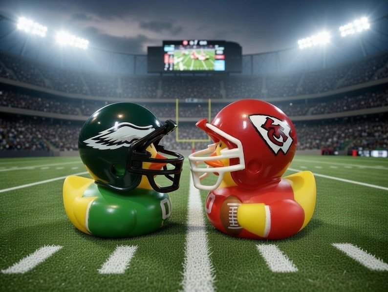 May include: Two rubber duck toys, one green and yellow with a football helmet, and the other red and yellow with a football helmet, face each other on a football field. The green helmet has a white eagle design.