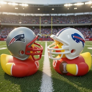 May include: Two rubber duck toys, one wearing a silver football helmet with a red facemask and a Patriots logo, the other wearing a white helmet with a Bills logo. Both are on a green football field.