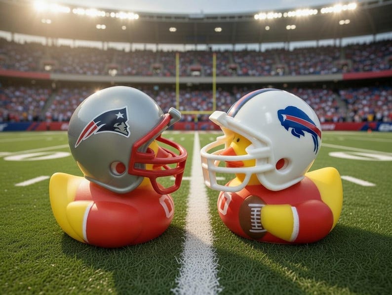 May include: Two rubber duck toys, one wearing a silver football helmet with a red facemask and a Patriots logo, the other wearing a white helmet with a Bills logo. Both are on a green football field.