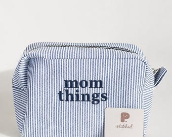 Personalized Seersucker Cosmetic Bag | Embroidered Mama or Grandma Pouch