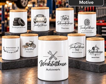 Personalisierte Trinkgeldkasse – Kaffeekasse mit Namen für Kfz-Werkstatt, Geschenk zur Werkstatteröffnung, Werkstattkasse