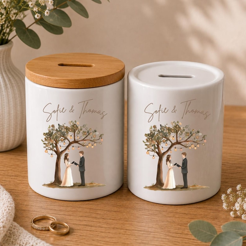 May include: Two white ceramic money boxes with a slot on top. One has a light wood lid. Both feature a printed illustration of a couple standing under a tree with hanging lights and the text "Sofie & Thomas" in a cursive script font.